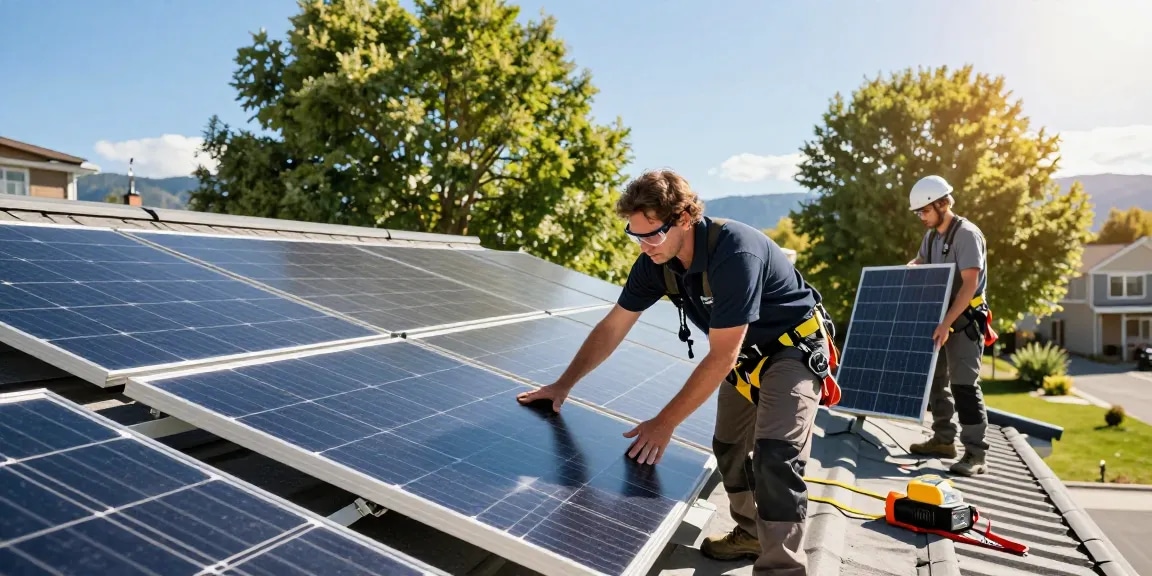 Solar installer Kelowna BC team professionally mounting solar panels on a residential rooftop.
