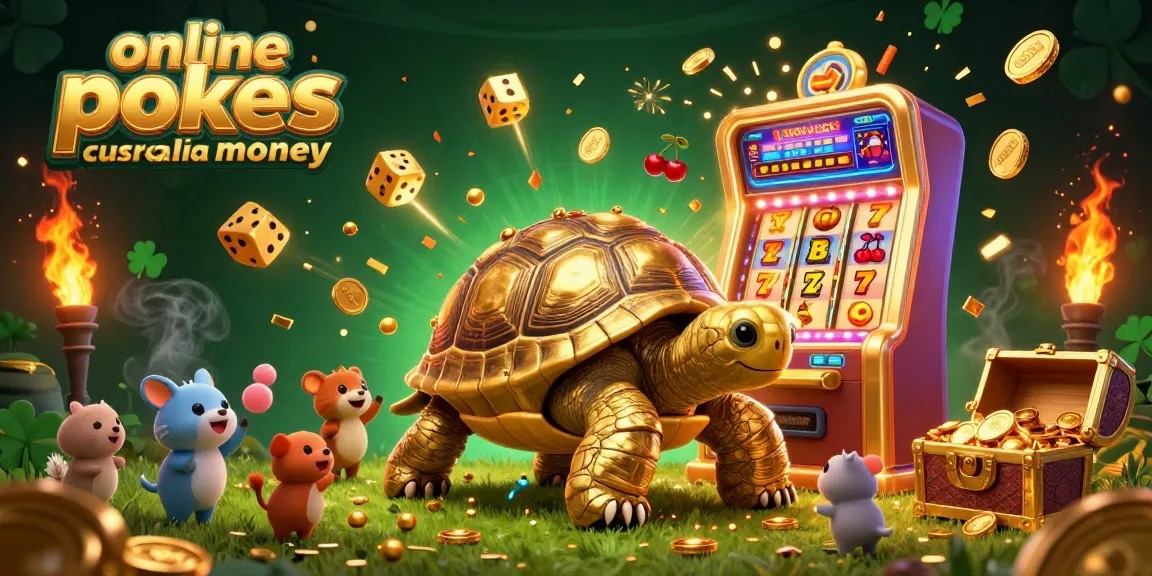 Experience the excitement of online pokies australia real money with a 3D illustration of a tortoise pinball machine and jackpot explosion.