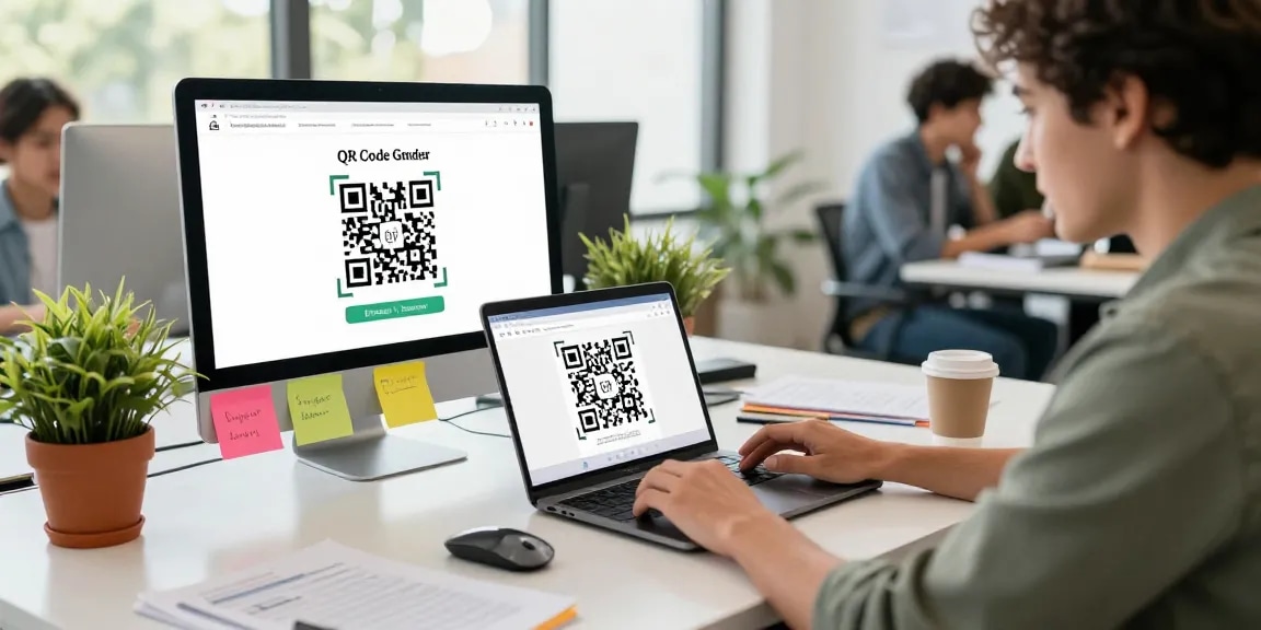 Creating a Free QR Code Generator in a bright workspace with a professional focused on an online tool.