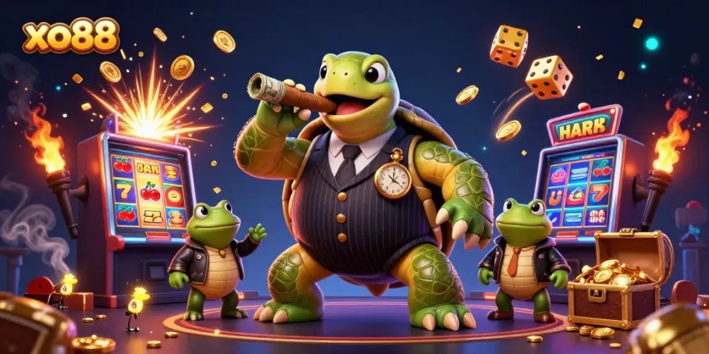 Experience the vibrant energy of xo88 with a dynamic illustration featuring a snapping turtle and bullfrog enforcers in a lively casino setting.