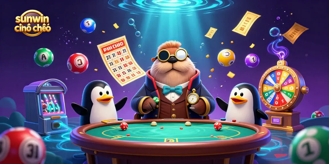 Play at sunwin chính chủ with a jolly walrus at an underwater poker table with vibrant casino elements.