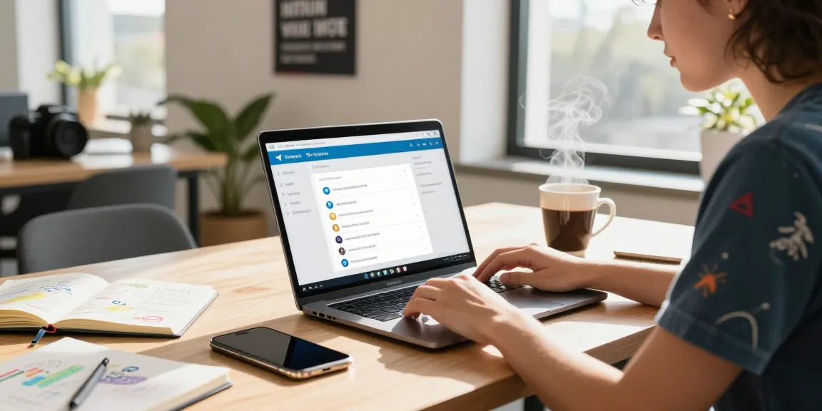 Working on Telegram Web Version in a modern co-working space, showcasing productivity.