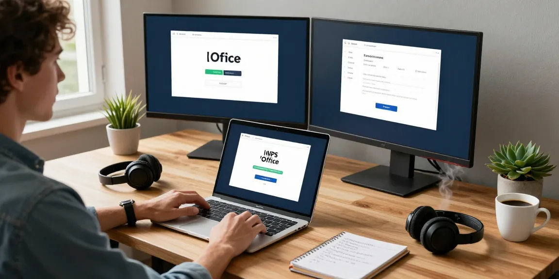 WPS Download process on a laptop in a modern home office setup, showcasing a productive workspace with tech gear and natural light.