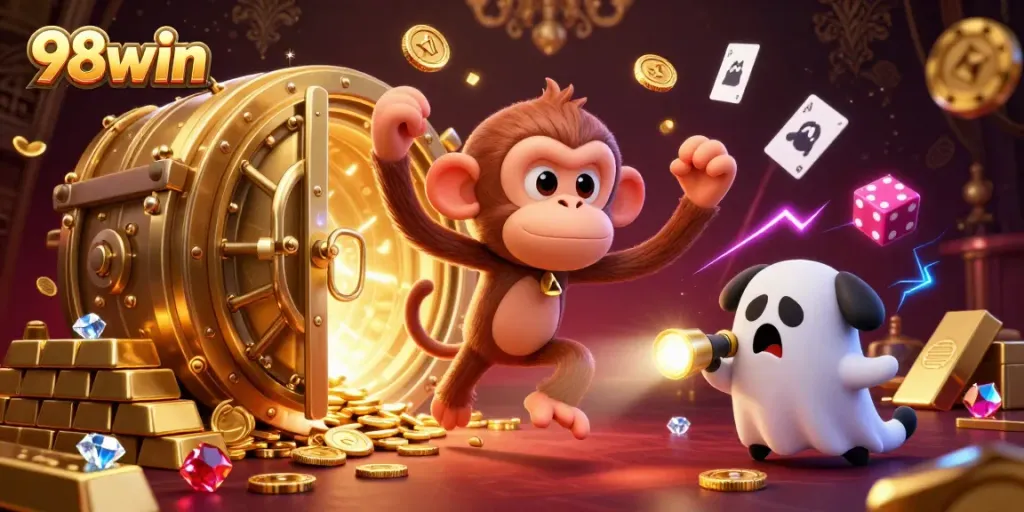 Experience thrilling 98win gameplay with a playful poltergeist monkey juggling golden treasures in a haunted casino.