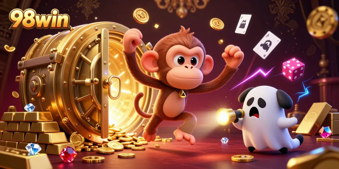 Experience thrilling 98win gameplay with a playful poltergeist monkey juggling golden treasures in a haunted casino.