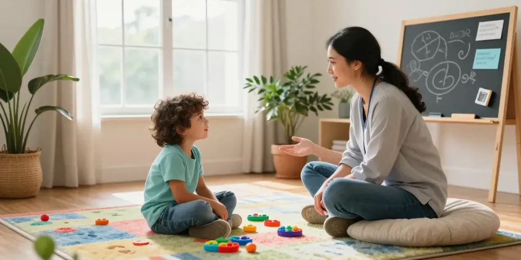 Compassionate therapist using Progressive ABA in Burlington with a child in a bright, inviting therapy room.