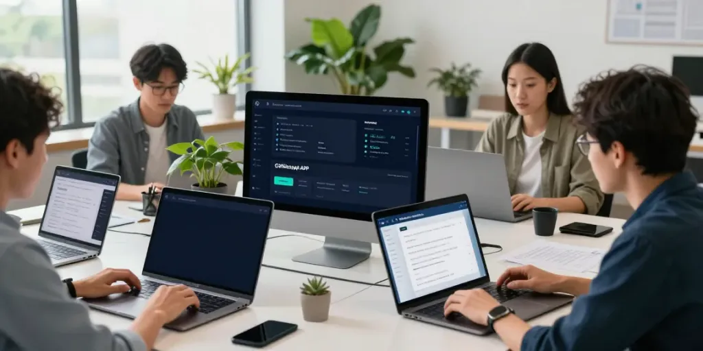Collaborative developers discussing GBWhatsApp features in a modern workspace