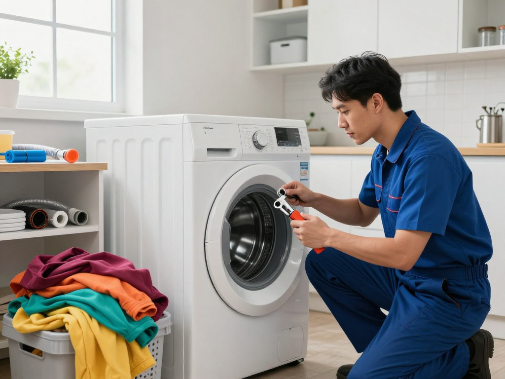 Expert washer repair service in Newmarket with a technician at work in a modern laundry room.