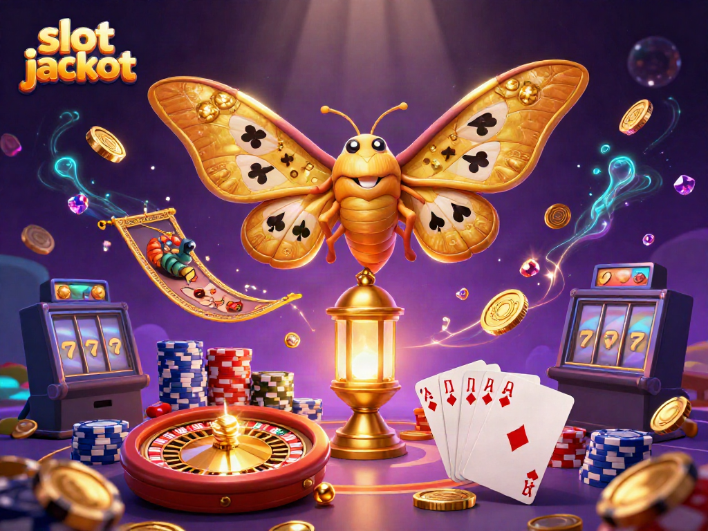 Experience thrilling slot jackpot excitement with a vibrant, fantastical casino scene featuring golden moths, coins, and more.