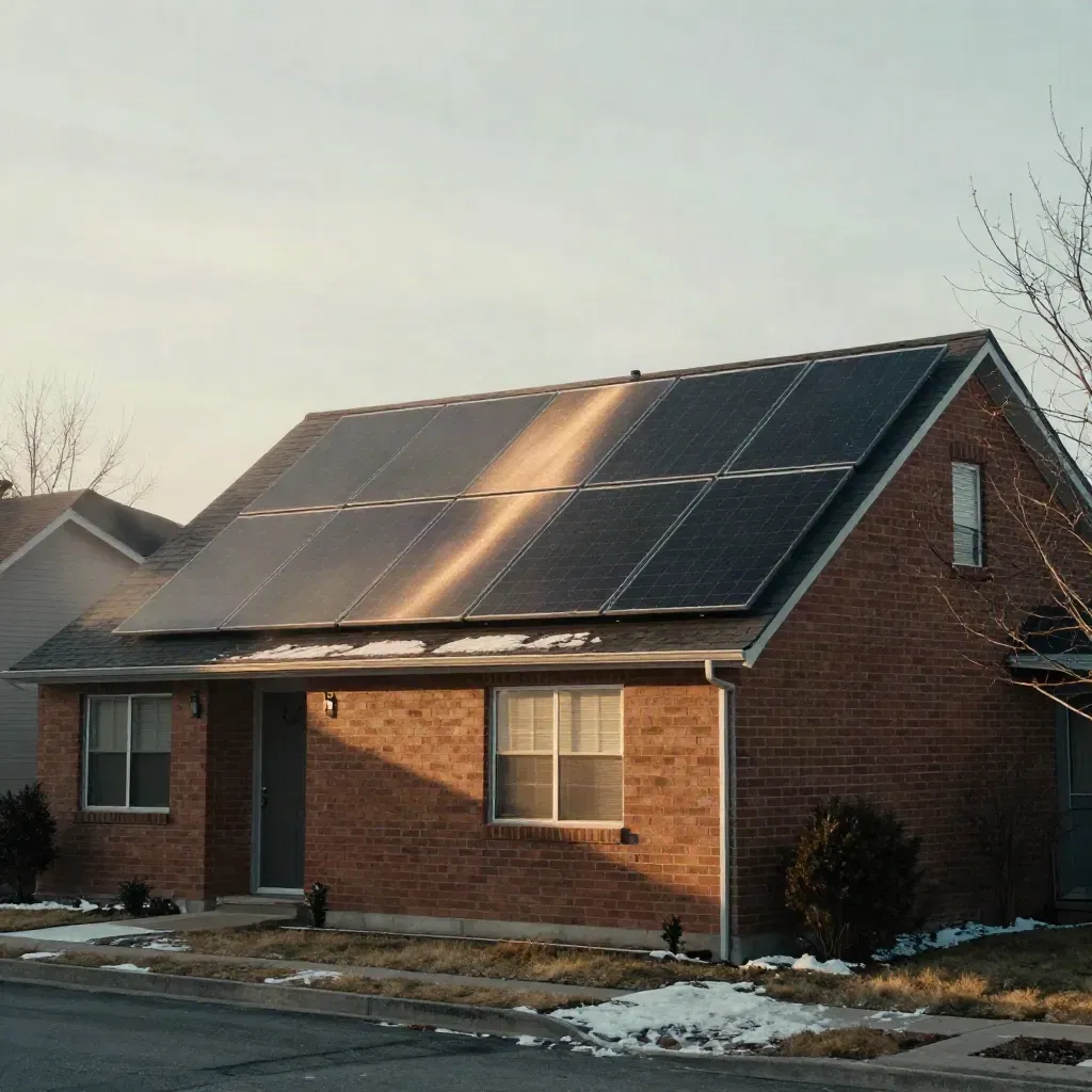 Winter-clear suburban rooftop with solar panels glowing over a brick home, low-angle cinematic hero shot.