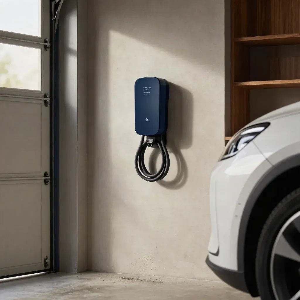 Garage wall with mounted EV charger, coiled cable, and cropped white car nose in cool light.