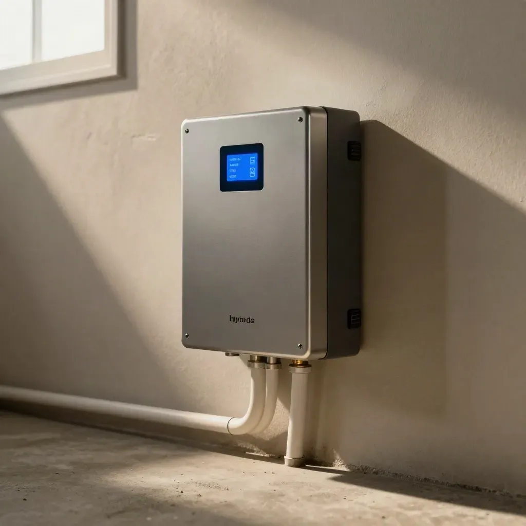 Basement battery backup system with inverter and glowing panel in warm natural light