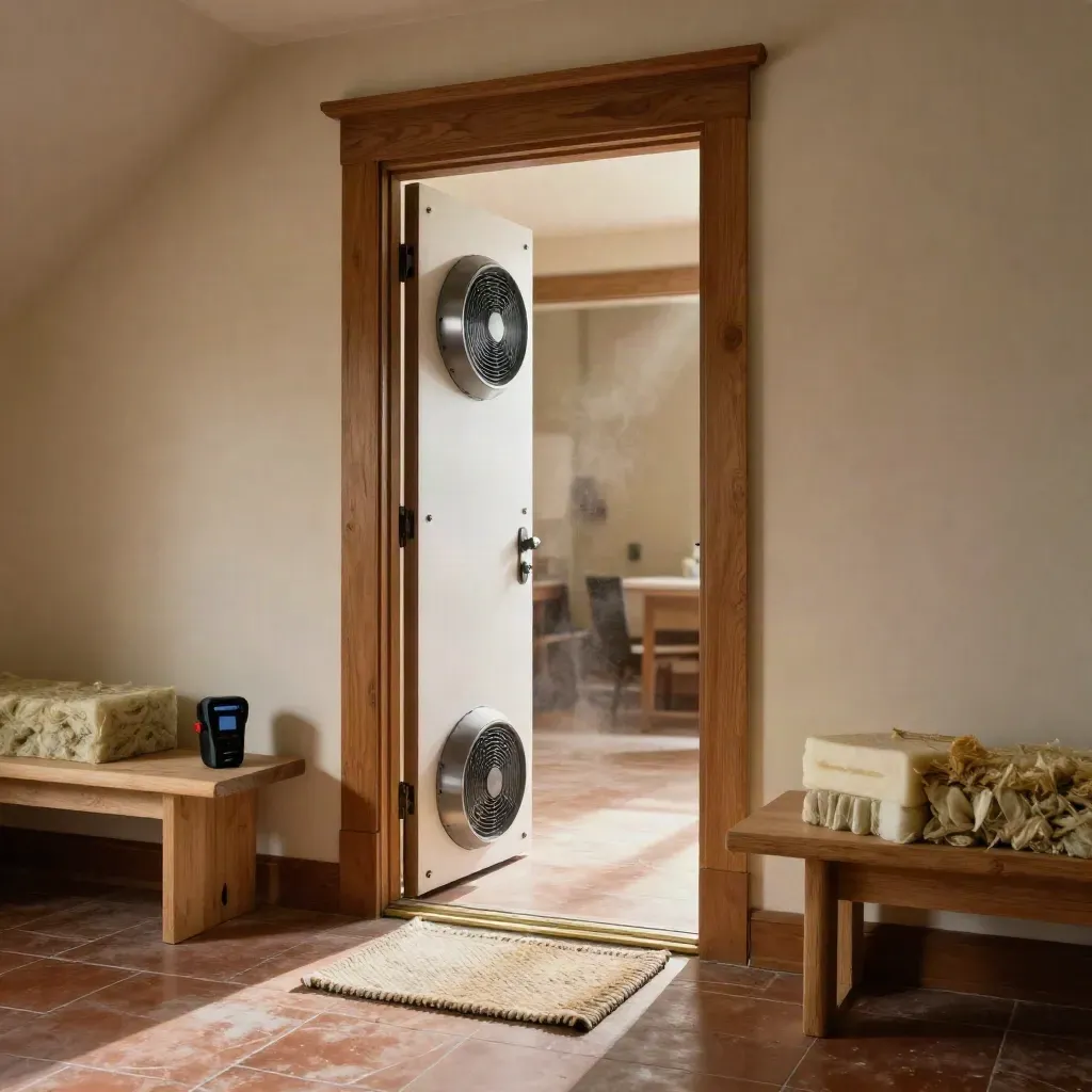 Blower-door fan and thermal camera staged in a Canadian entryway for an energy audit.
