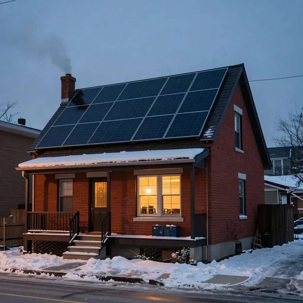 Snowy Toronto bungalow with rooftop solar and a glowing basement battery at dusk.