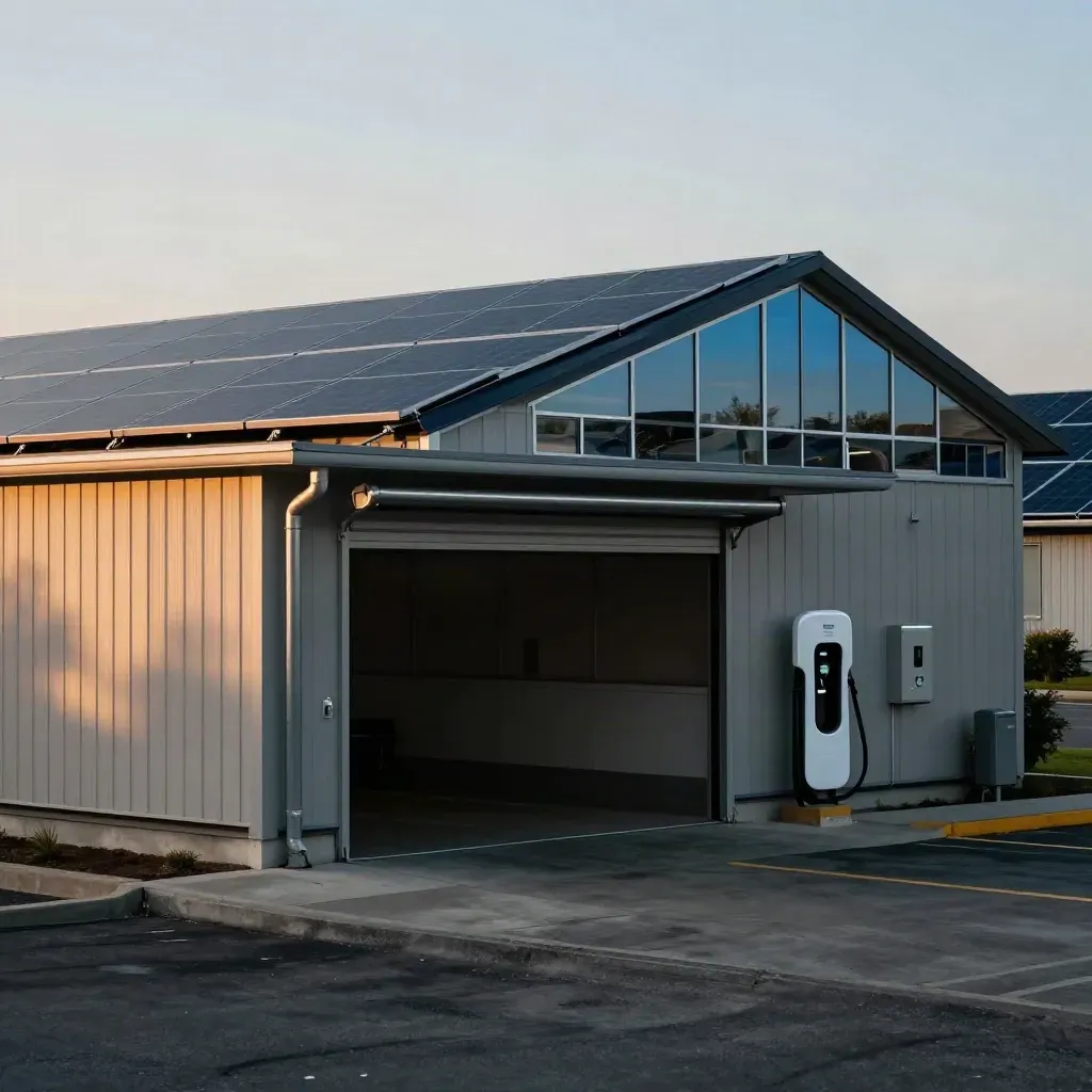 Solar-roofed workshop with an empty EV charger bay in warm afternoon light.