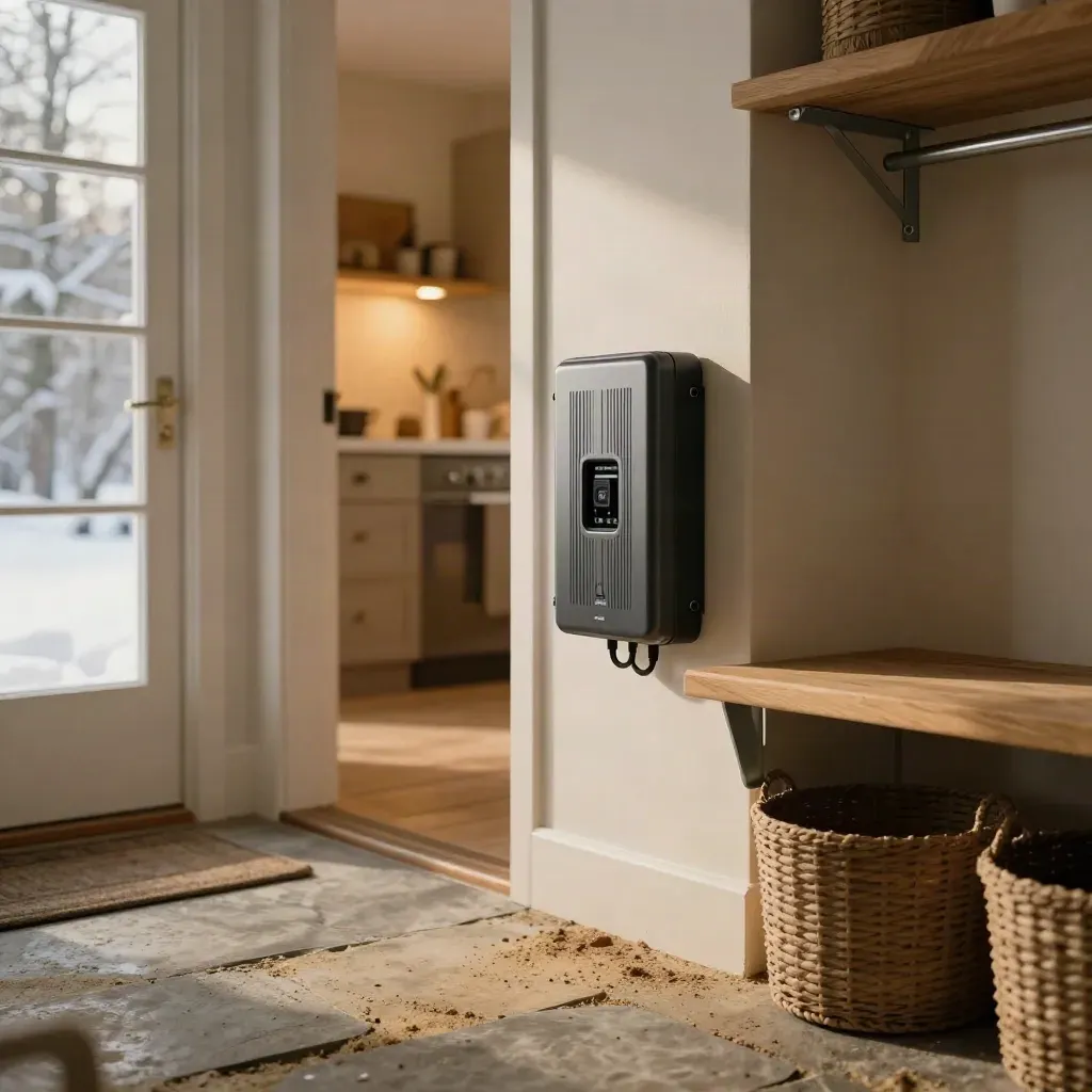 Low mudroom with battery inverter, transfer switch, warm kitchen light, and snow outside.