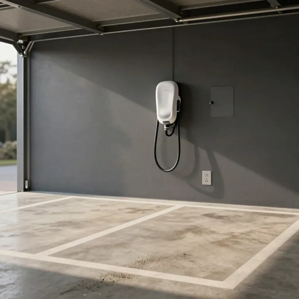 Floor-level view of a duplex garage with two EV-ready bays and a mounted charger.