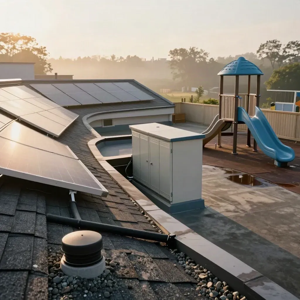 Solar panels and backup battery at a daycare roof beside an empty playground in morning mist