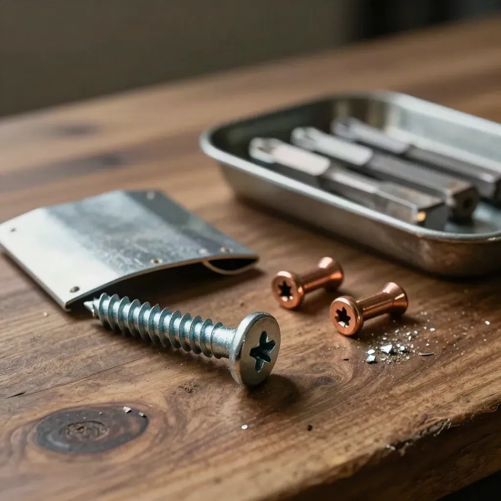 Solar installation hardware on a cedar workbench, close on a worn lag screw and flashing piece.