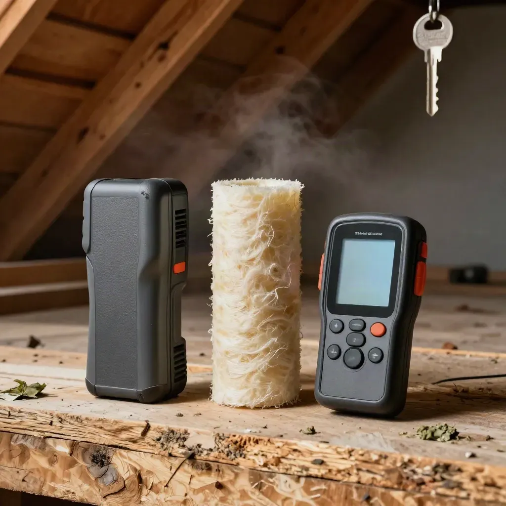 Energy audit tools on an attic plank with insulation sample and monitor