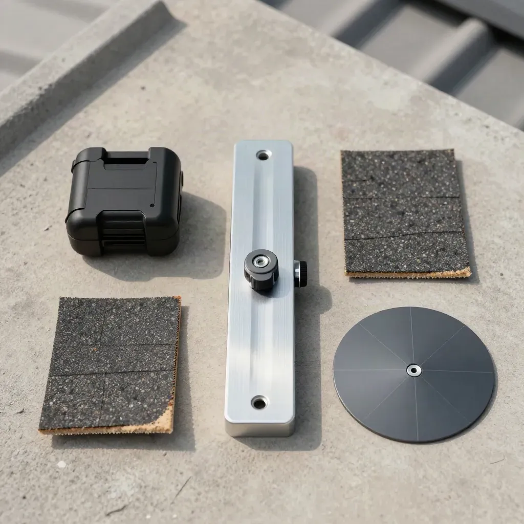 Overhead solar site-review kit with gauge, shingle sample, azimuth disc and battery pack on concrete