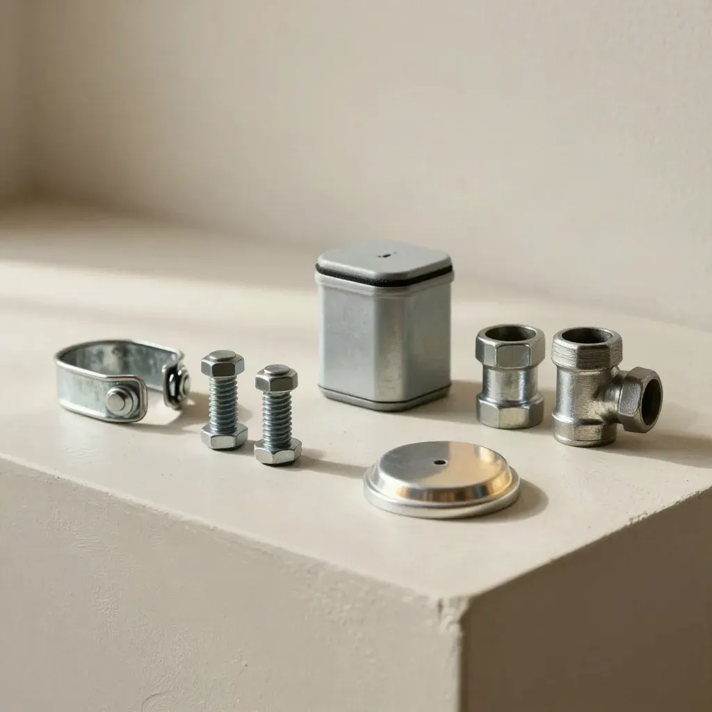 Solar install hardware arranged on a pale workbench in soft daylight.
