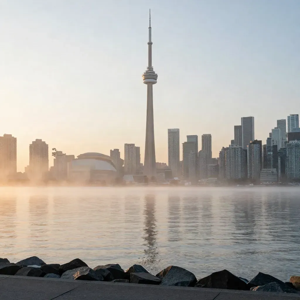 Toronto skyline and CN Tower above lake mist at sunrise, with calm water for copy