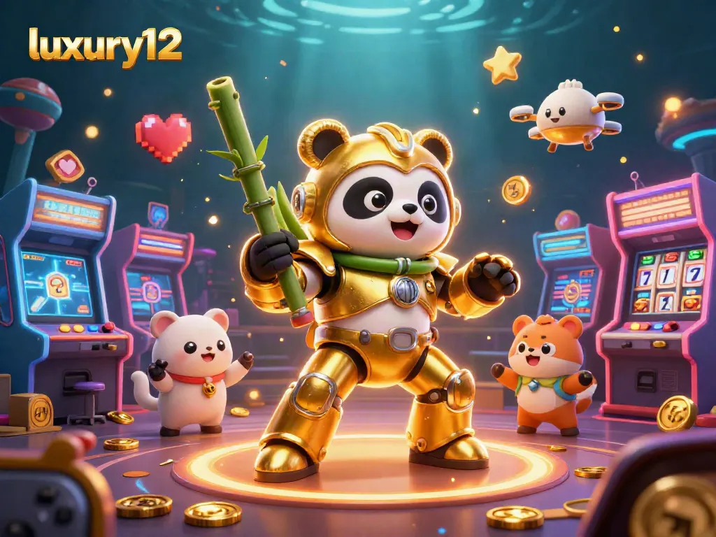 Experience the exhilarating action of luxury12 with a dynamic casino scene featuring a mech-suit panda and vibrant game elements.