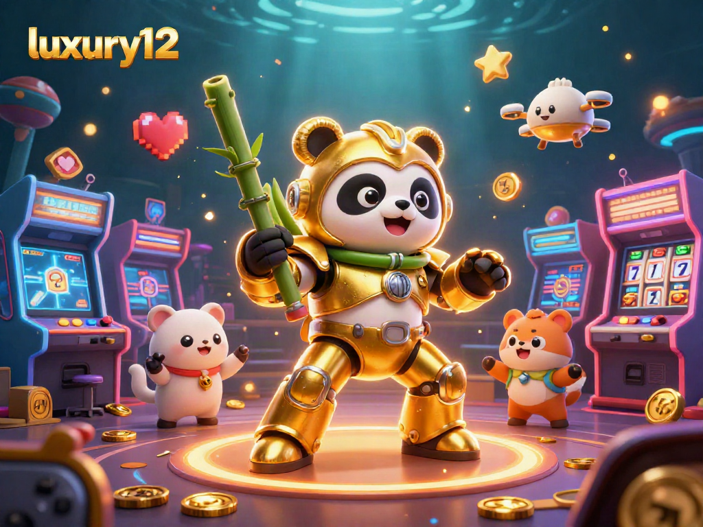 Experience the exhilarating action of luxury12 with a dynamic casino scene featuring a mech-suit panda and vibrant game elements.