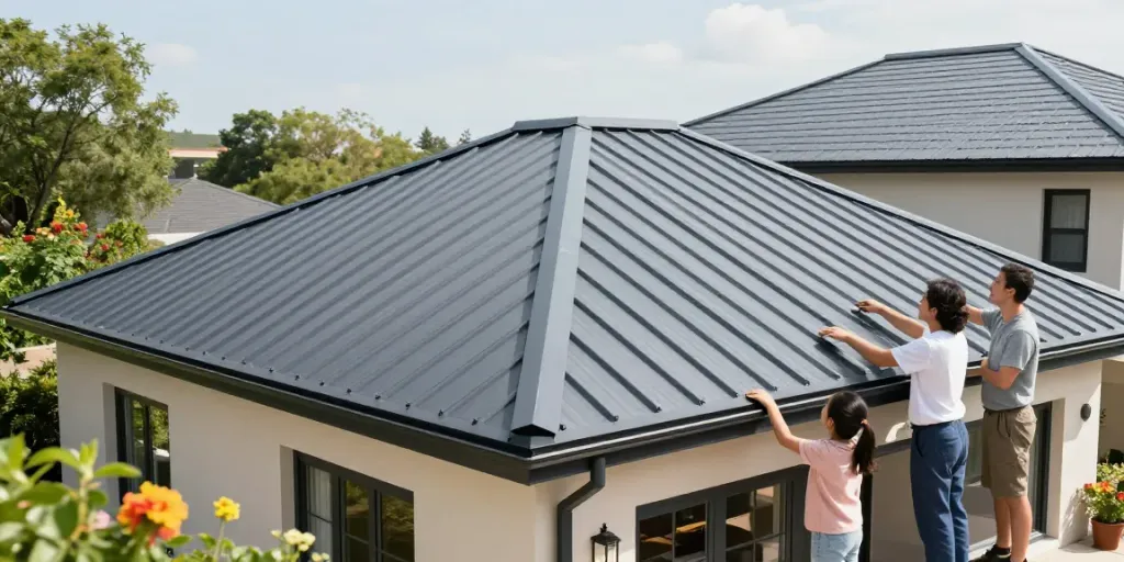 Family discussing metal roof upgrades on a modern home with a sleek standing seam design.