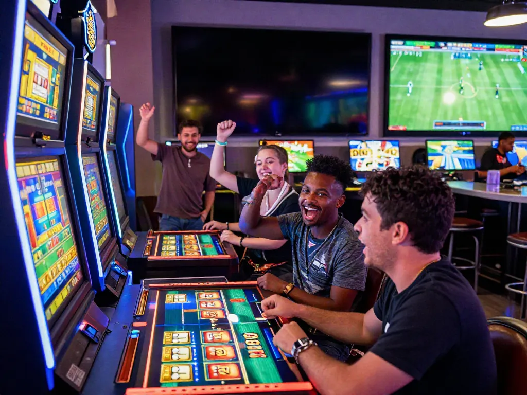 Players enjoying their time at https://nbet.group/ in a vibrant online casino atmosphere with bright lights and dynamic games.