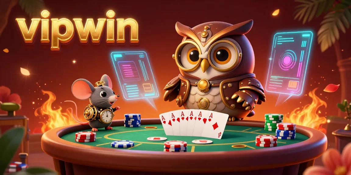 Experience captivating gameplay at VIPWIN with an engaging steampunk owl and vibrant poker elements.