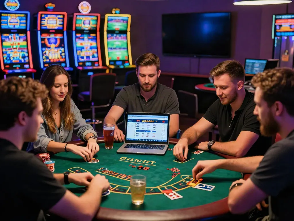 Exciting online gambling scene featuring friends enjoying casino games and UK88 betting site on laptop.