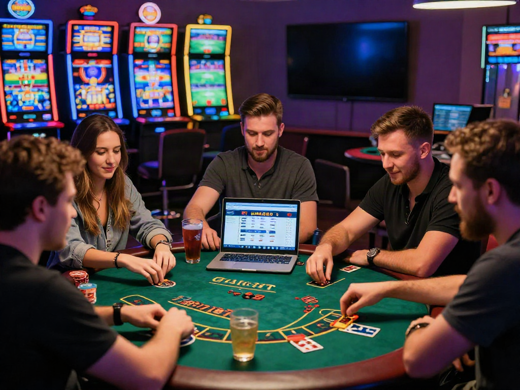 Exciting online gambling scene featuring friends enjoying casino games and UK88 betting site on laptop.