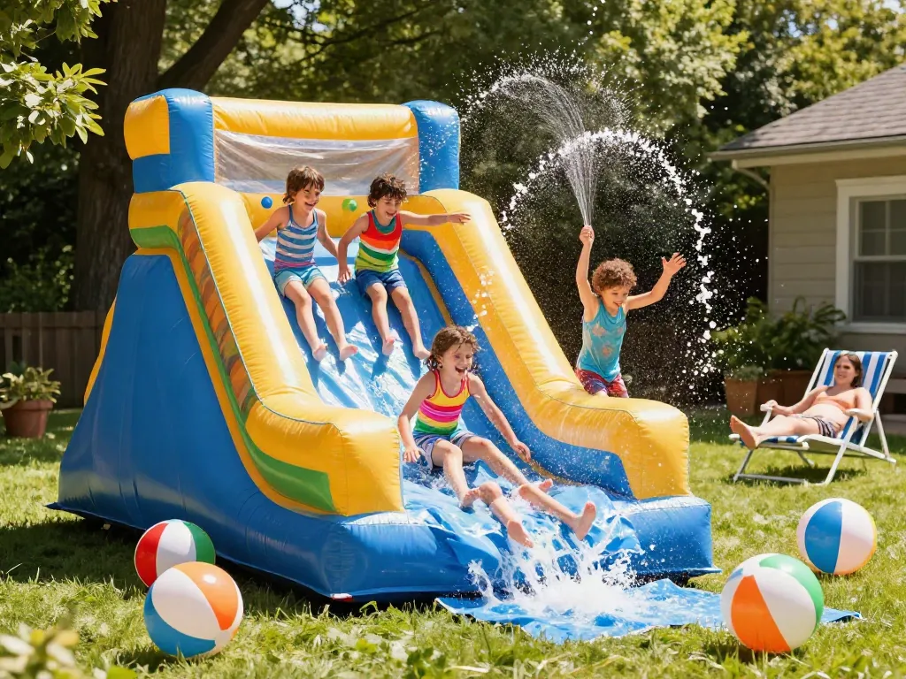 Children enjoying a slide water slide on a sunny day, splashing water and vibrant atmosphere.