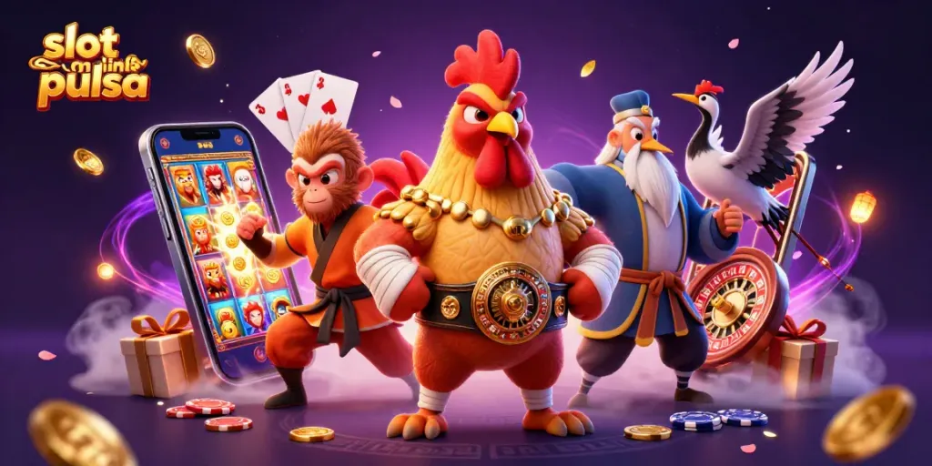 Engage with slot online pulsa in this vibrant 3D illustration featuring dynamic casino gaming elements.