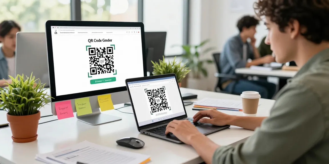 Creating a Free QR Code Generator in a bright workspace with a professional focused on an online tool.
